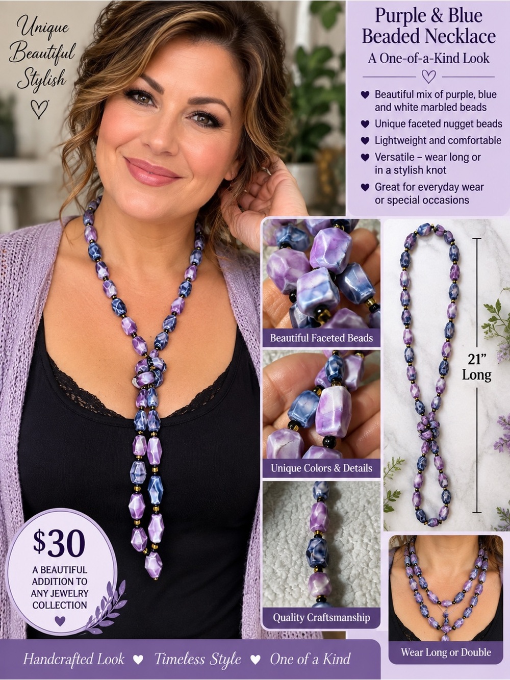 Purple & Blue Beaded Necklace-wear 3 ways